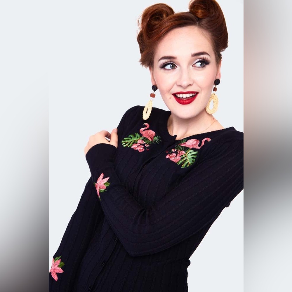 Voodoo Vixen Retro Tropical Embroidered Black Ribbed Knit Cardigan, Sz L